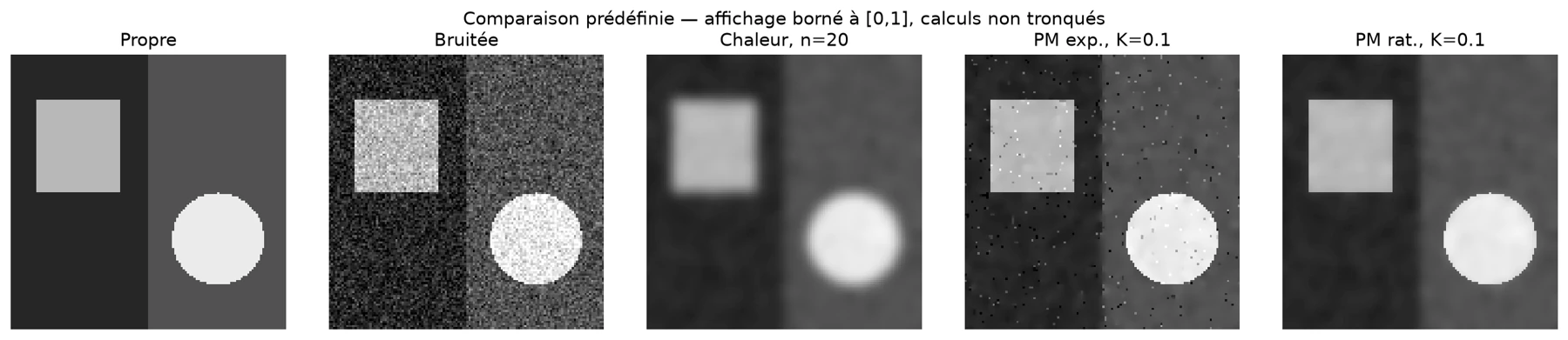 Five panels compare the clean geometric image, its noisy observation, heat diffusion, exponential Perona–Malik and rational Perona–Malik.